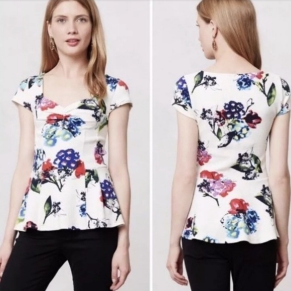 Anthropologie Postmark Mignon Peplum short sleeve size M  Floral Top - Picture 2 of 7